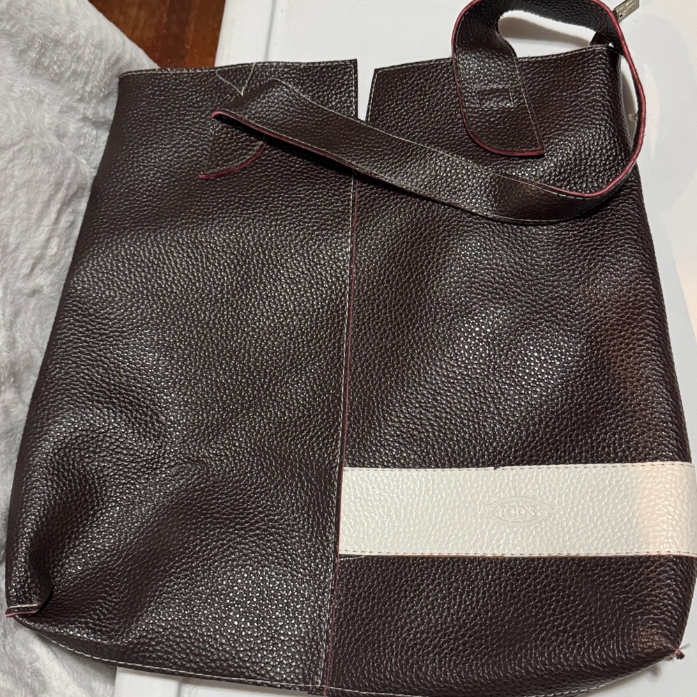 Tod's Brown and White Leather Tote Bag